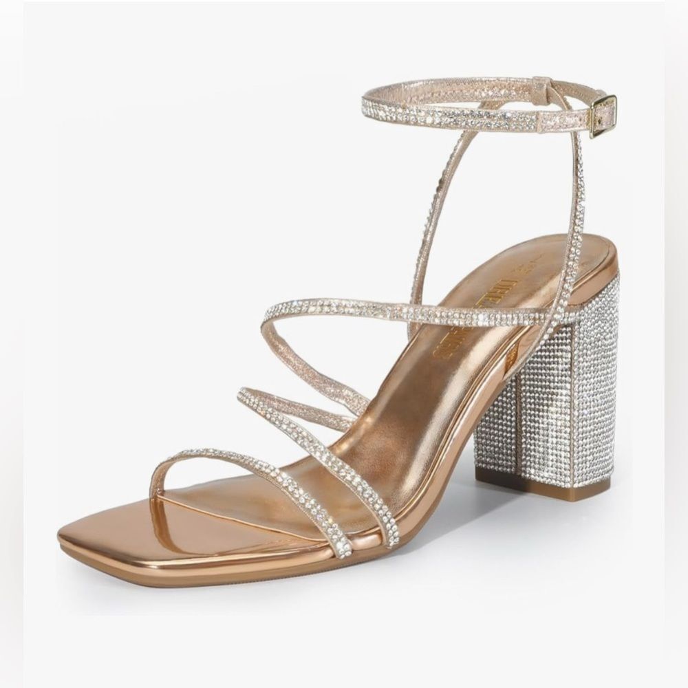 Dream Pairs Heels Block Strappy Square Open Toe Rose Gold Rhinestone Sandals 6.5